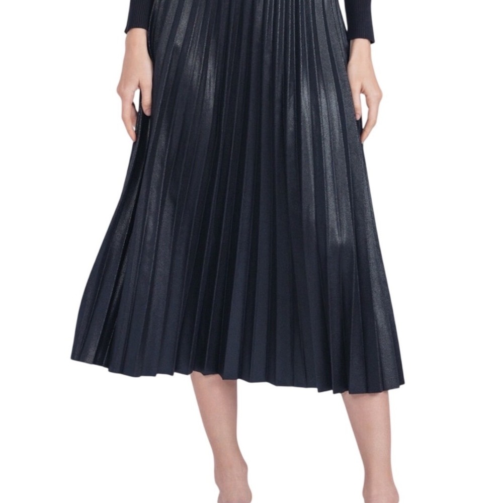 YAL New York Black Metallic Faux Leather Pleated Midi Skirt XL Goth Chic Edgy